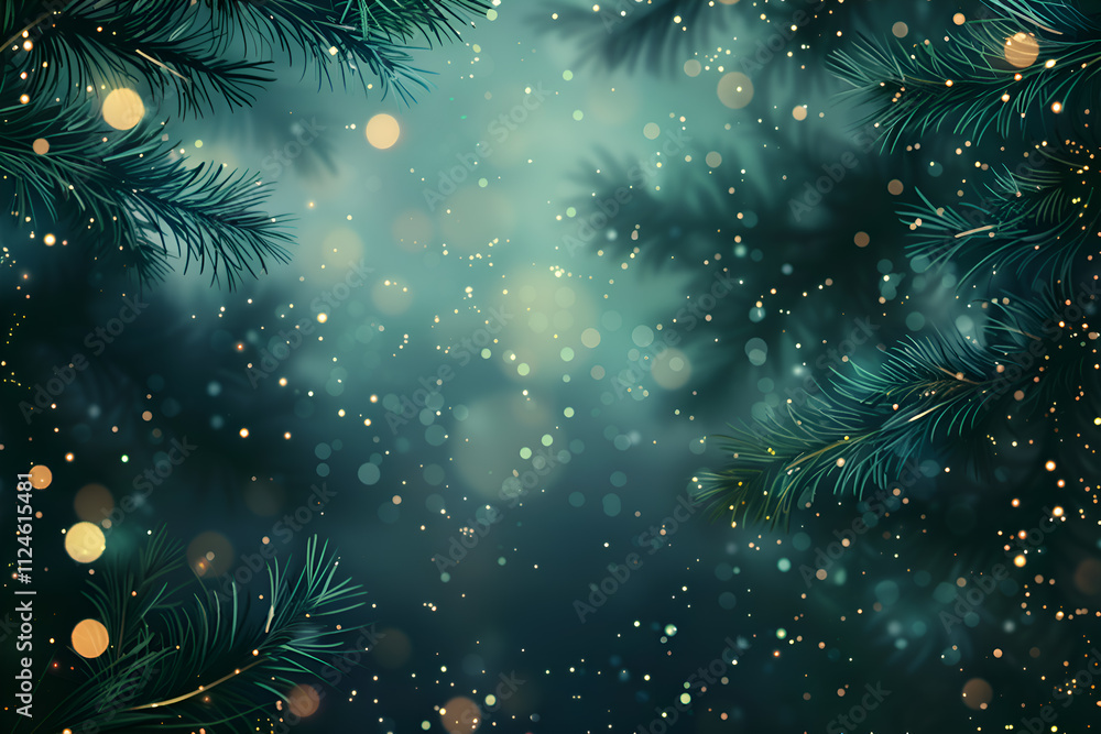 Close-up of blurred green pine tree branches with a bokeh background of lights Close-up of blurred green pine tree branches with a bokeh background of lights