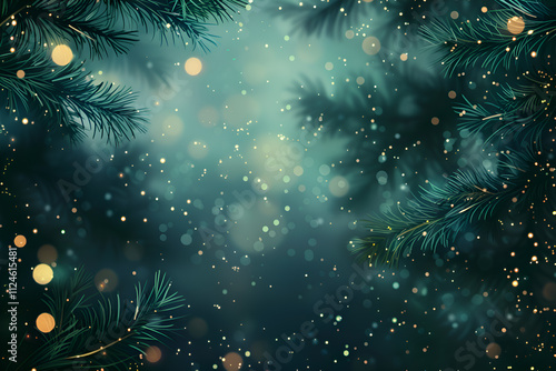  Close-up of blurred green pine tree branches with a bokeh background of lights