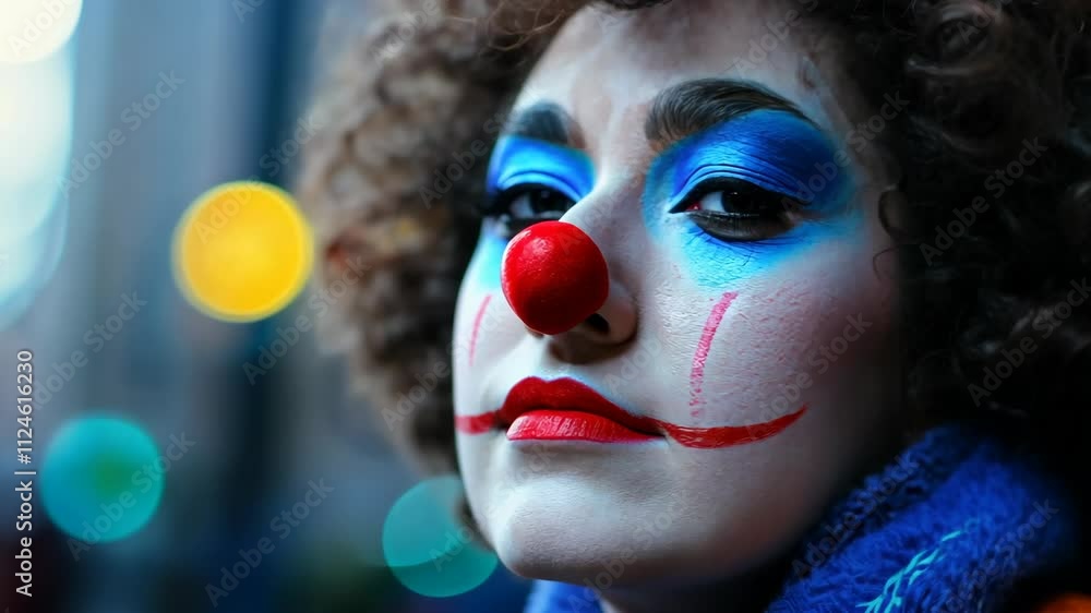 Clown with vibrant makeup poses in urban setting during evening with colorful lights in the background Clown with vibrant makeup poses in urban setting during evening with colorful lights in the background