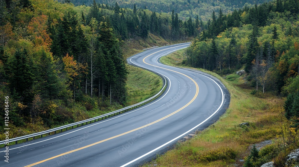 Fototapeta premium A winding road through a forest, with a guardrail on the side.