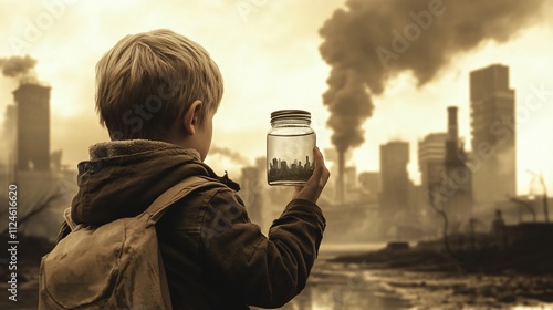 A child standing alone in a barren wasteland photo