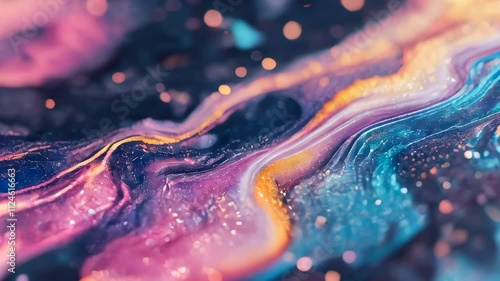 Abstract painting inspired by cosmic swirls, featuring vivid pink, blue, and gold tones with shimmering glitter-like details and fluid waves.