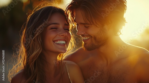 A couple is smiling and hugging each other in the sun