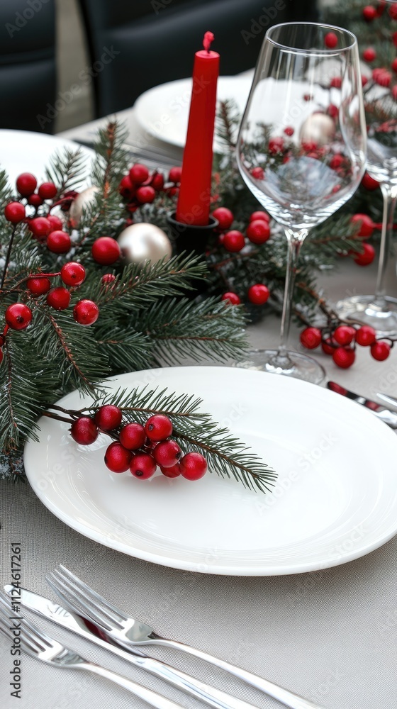 Holiday party table setting features red decorations and sparkling wine glasses, creating a festive atmosphere for Christmas dining Holiday party table setting features red decorations and sparkling wine glasses, creating a festive atmosphere for Christmas dining