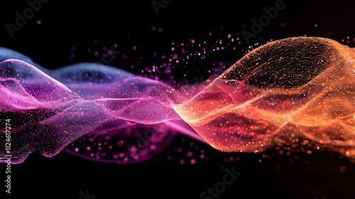 Abstract digital wave with vibrant purple and orange colors, featuring glowing particles and a sense of flowing motion on a black background.