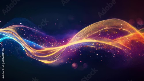 Abstract, glittering rainbow-colored waves set against a dark background, creating a magical and vibrant visual effect with sparkling particles.