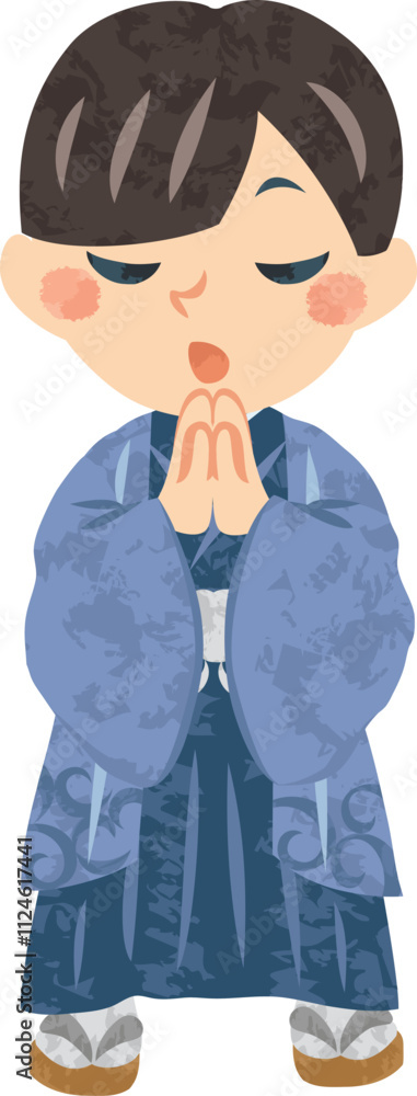 初詣に着物姿でお参りする男の子のイラスト