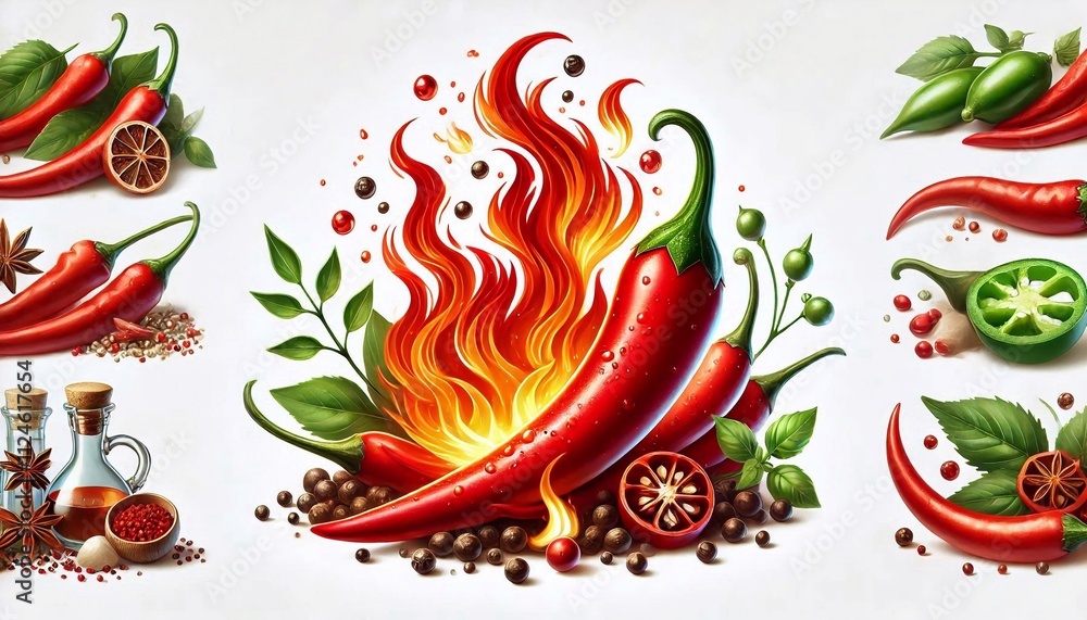Red chili pepper with fire flame. Cooking concept and spicy food in culinary. Isolated on white background Red chili pepper with fire flame. Cooking concept and spicy food in culinary. Isolated on white background