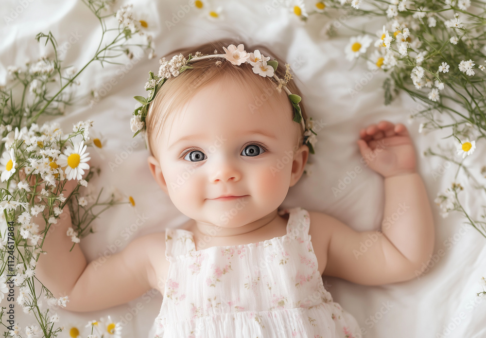 A beautiful baby girl with blue eyes, wearing a floral headband and a white dress, lies on a bed surrounded by delicate white daisies and wildflowers. Soft, natural lighting enhances A beautiful baby girl with blue eyes, wearing a floral headband and a white dress, lies on a bed surrounded by delicate white daisies and wildflowers. Soft, natural lighting enhances