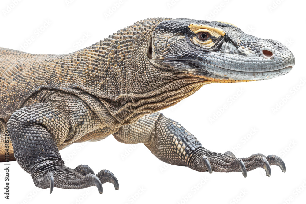 Obraz premium Hyperrealistic Side Profile of a Komodo Dragon Demonstrating Its Power and Majesty for Wildlife Illustration and Educational Purposes