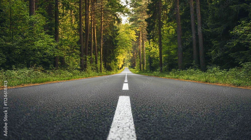 A paved road winds through a forest in the summer. A paved road winds through a forest in the summer.