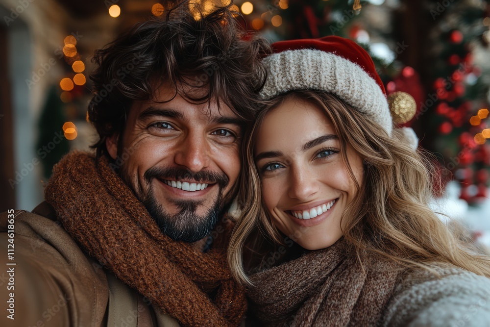 Happy couple enjoys winter moments while taking a selfie with festive decorations in the background Happy couple enjoys winter moments while taking a selfie with festive decorations in the background