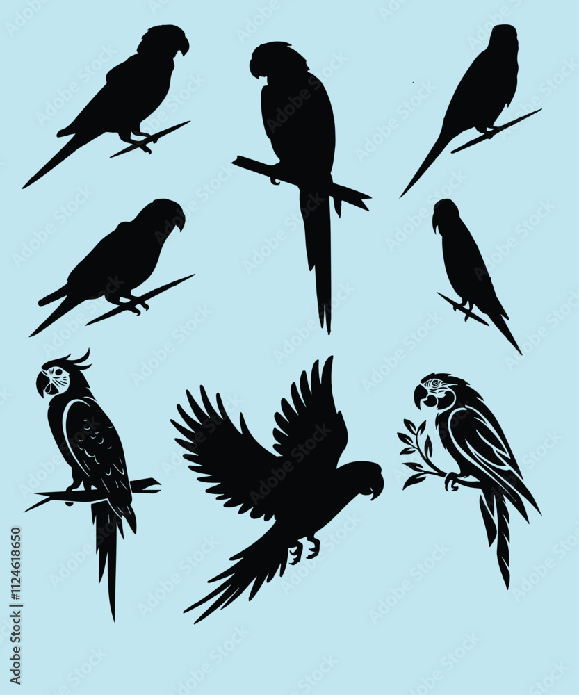 Fototapeta premium A vector illustration featuring a collection of nine black parrot silhouettes in various poses