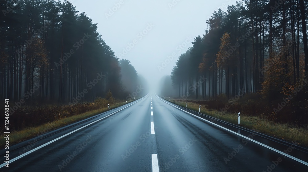 An empty road disappearing into the fog, lined with trees on both sides. An empty road disappearing into the fog, lined with trees on both sides.