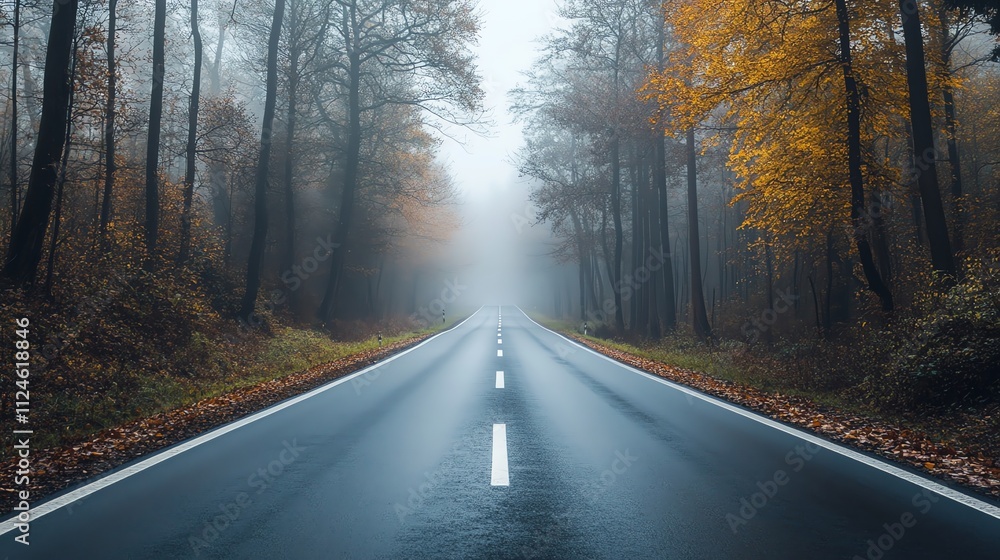 A paved road winds through a forest in the fall. A paved road winds through a forest in the fall.