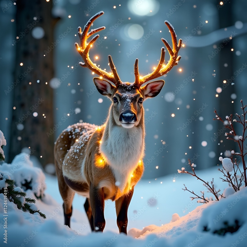 Christmas reindeer with Christmas lights garland on the antler. Reindeer in winter forest. Winter holiday poster brochure postcard cover template design. New year greeting card print theme Christmas reindeer with Christmas lights garland on the antler. Reindeer in winter forest. Winter holiday poster brochure postcard cover template design. New year greeting card print theme