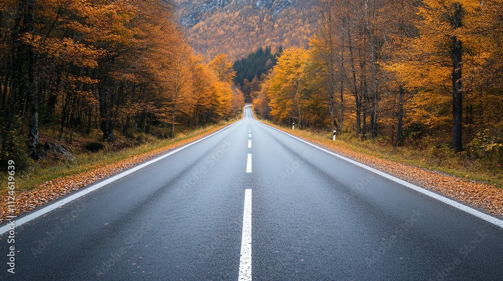 Fototapeta premium A paved road winds through a forest in the fall.