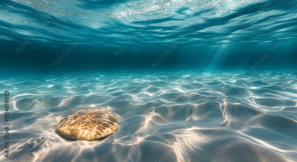 Fototapeta premium Underwater view of a sandy tropical seabed, showcasing the beauty and tranquility of clean white sand and blue water. A beautiful view of the seabed with small rocks. Beautiful calm sea