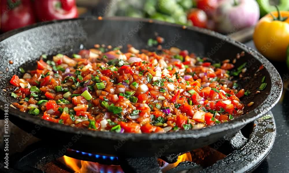Steaming Spicy Tomato and Onion Relish in a Cast Iron Pan Steaming Spicy Tomato and Onion Relish in a Cast Iron Pan