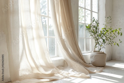 Sunlit room with sheer curtains and plant pot.