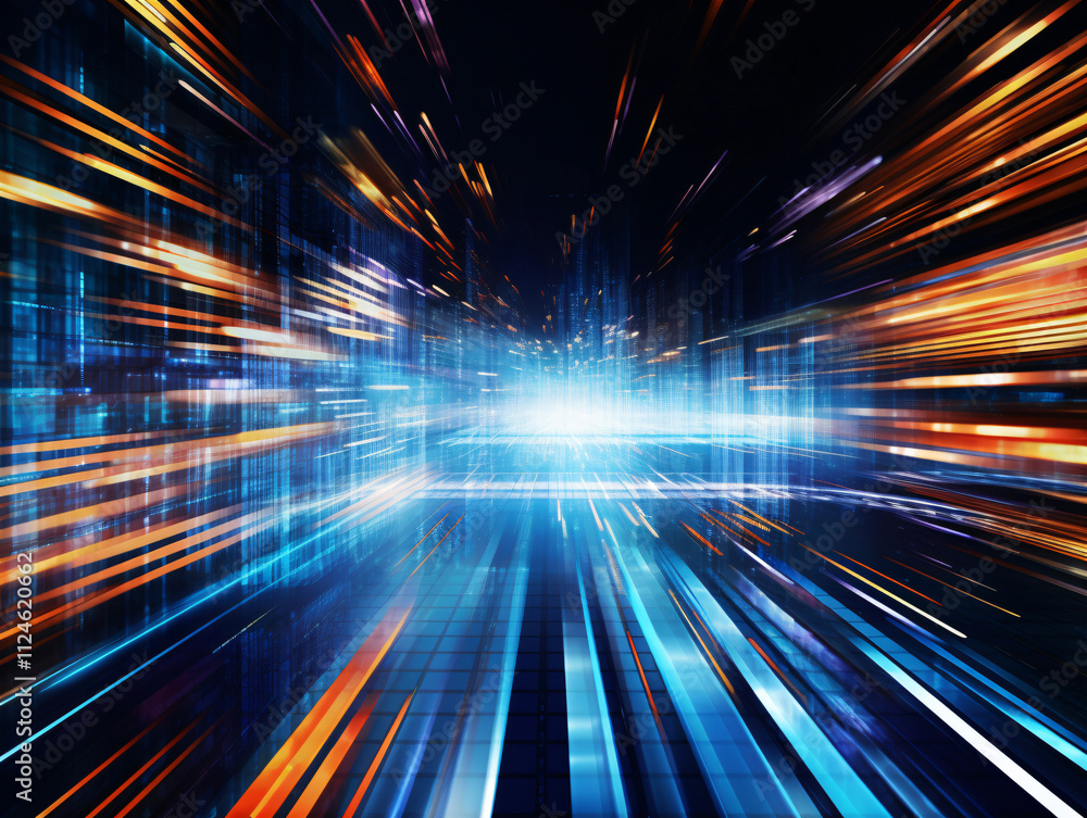 Obraz premium Space technology background with fast moving light particles. Cyber big data flow. Wireless network, high speed internet.