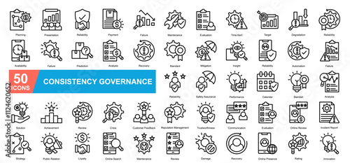 Consistency Governance Icon Sheet Planning, Presentation, Reliability, Payment, Failure, Maintenance, Evaluation, Time Alert, Target, Degradation, Availability, Failure, Prediction, Analysis, Recovery