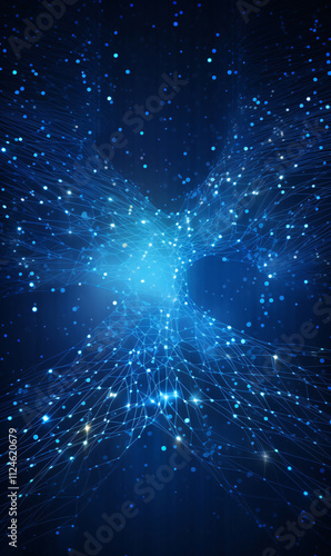 Abstract blue technology background with a cyber network grid and connected particles. Artificial neurons, global data connections. Blurred background with bokeh effects.