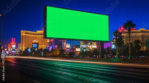 Large billboard with green screen on the Las Vegas Strip, surrounded by neon lights and casinos at night, high-energy mockup