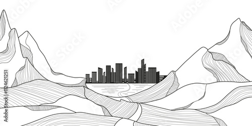 Elegant Mountain Line Art Background with City Silhouette. Scenic black and white landscape design for fabric, prints, and wall art. Simple line drawing of one line mountain.