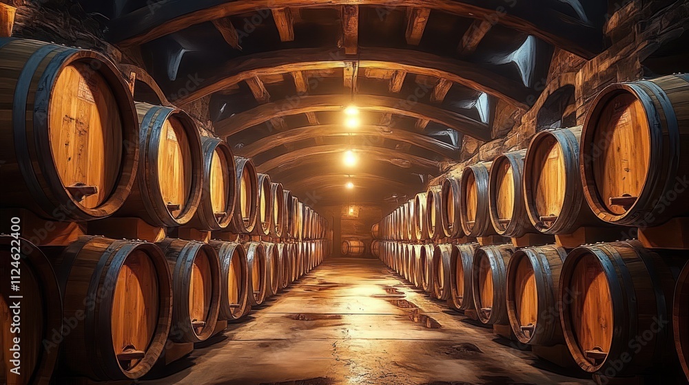 Rustic Wine Cellar with Oak Barrels in Warm Light Rustic Wine Cellar with Oak Barrels in Warm Light