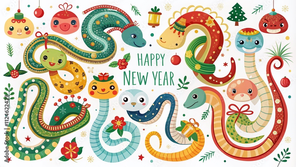 Aerial Photography of Kawaii Snakes as New Year Mascots with Accessories Celebrating the Oriental Horoscope in a Flat Color Vector Style on a White Background Aerial Photography of Kawaii Snakes as New Year Mascots with Accessories Celebrating the Oriental Horoscope in a Flat Color Vector Style on a White Background