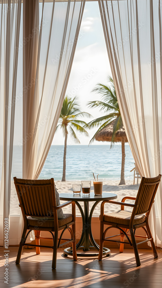 custom made wallpaper toronto digitalOutdoor restaurant at romantic beach. Table setting at tropical coastal restaurant. Cozy moody wooden tables, chairs under beautiful sunny sky, curtains and sea view. Luxury hotel or resort restaurant