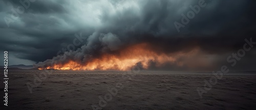 Wildfire approaching desert landscape dramatic natural event atmospheric tension distant