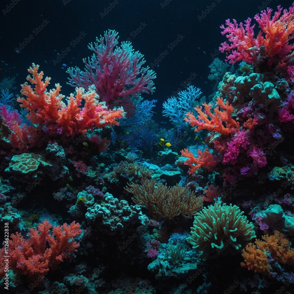 A fusion of coral reefs and neon cyber aesthetics, glowing on a dark ocean abstract. A fusion of coral reefs and neon cyber aesthetics, glowing on a dark ocean abstract.