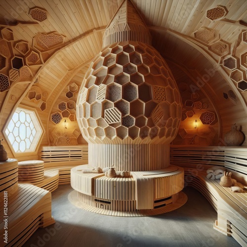 189 Sauna Hive A sauna structure resembling a beehive with hexag photo