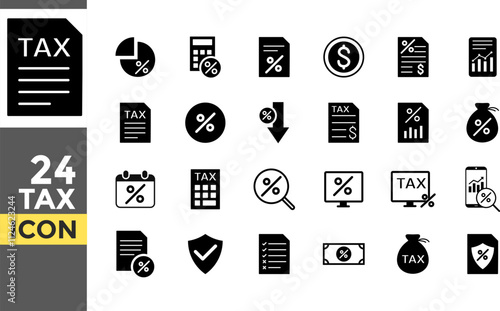 tax solid icon set. Assessment icons. Income Tax, Tax Refunds, Financial Report, Savings, Financial Planning. Quality control icon sign
