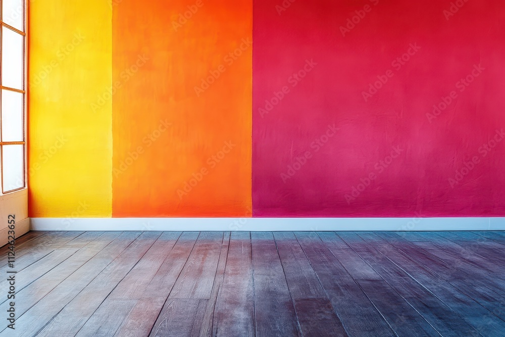 Vibrant colored walls in a bright room with wooden floor and natural light during the day Vibrant colored walls in a bright room with wooden floor and natural light during the day