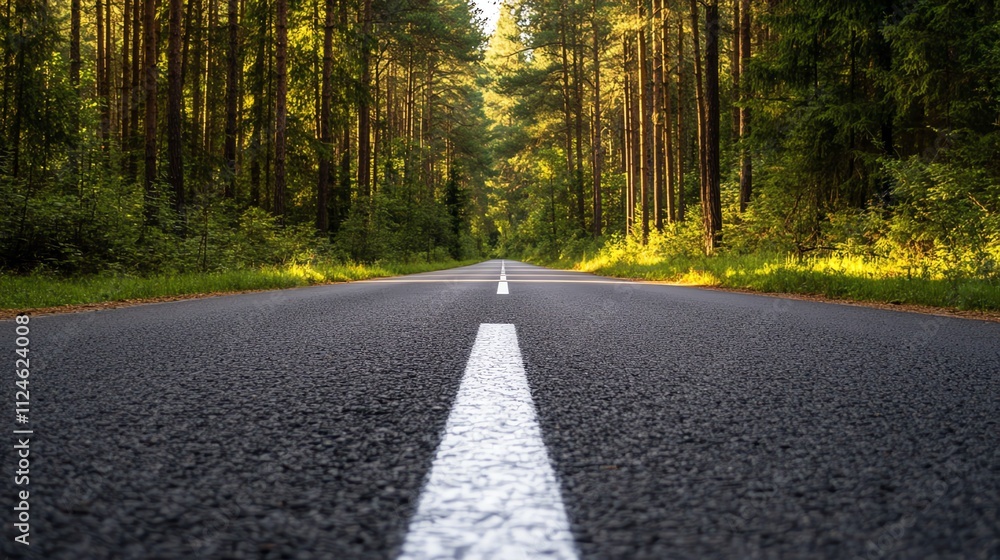 Fototapeta premium A paved road winds through a forest in the summer.