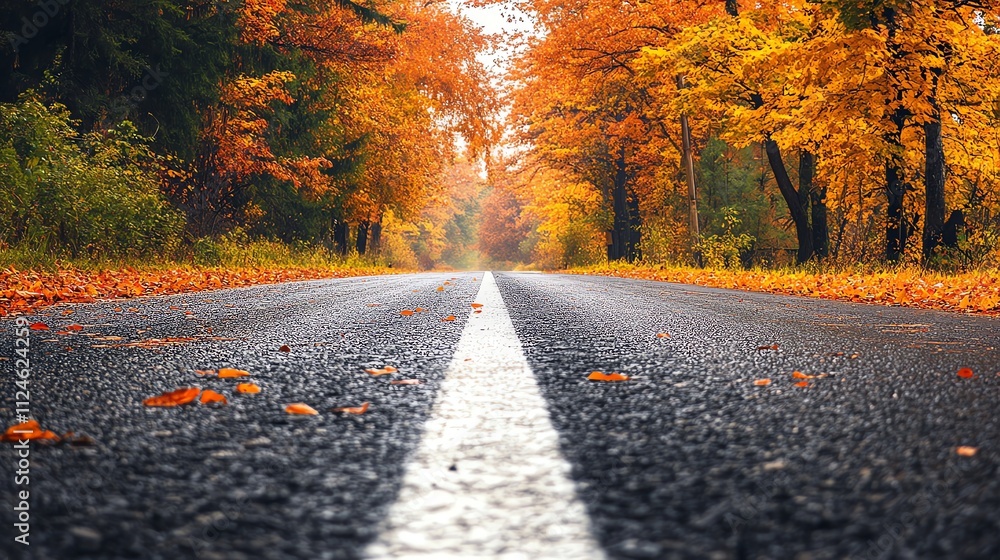A paved road winds through a forest in the fall. A paved road winds through a forest in the fall.