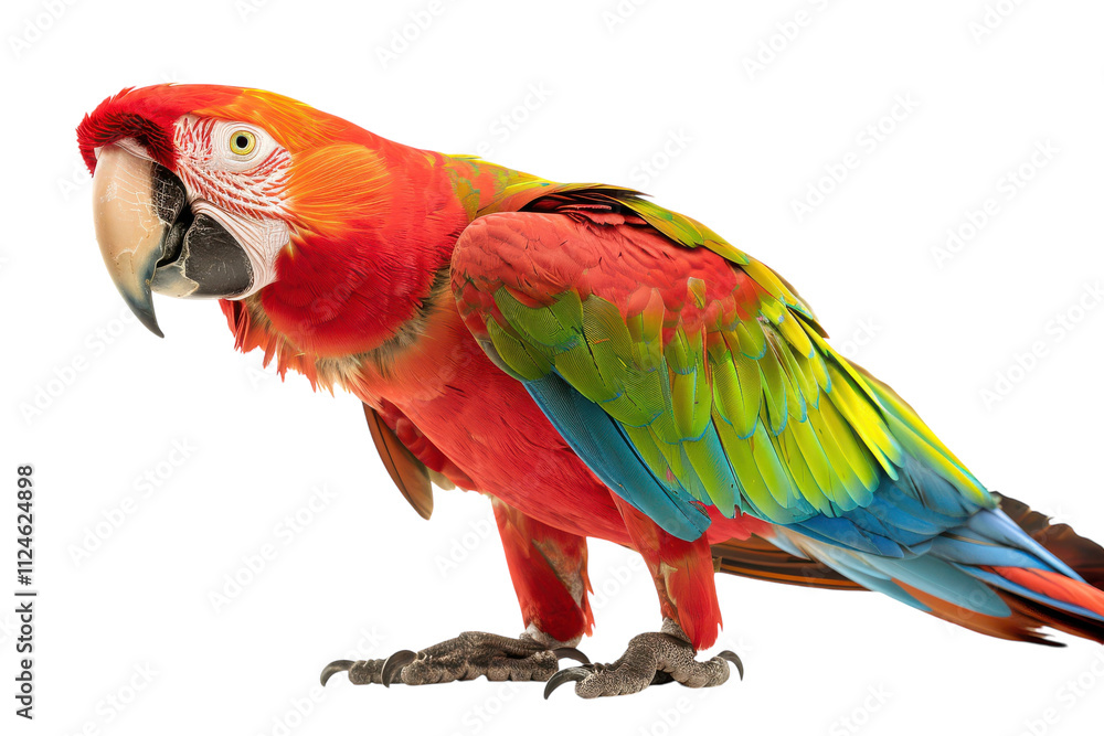 Obraz premium Stunning Hyperrealistic Scarlet Macaw Against a Pure White Background Perfect for Nature-themed Projects