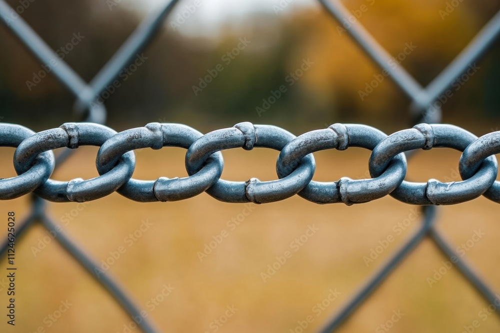 Metal chain wrapped around fence symbolizing resilience in nature close-up photography outdoor environment symbolic perspective for strength and security Metal chain wrapped around fence symbolizing resilience in nature close-up photography outdoor environment symbolic perspective for strength and security
