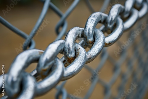Metal chain wrapped around a fence symbolizing security urban environment still life photography close-up view concept of resilience and strength