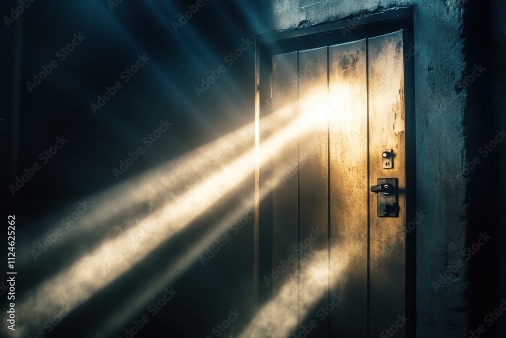 Mysterious metal safe door ajar with beams of light streaming through in an abandoned room cinematic atmosphere captivating viewpoint for intriguing visuals Mysterious metal safe door ajar with beams of light streaming through in an abandoned room cinematic atmosphere captivating viewpoint for intriguing visuals