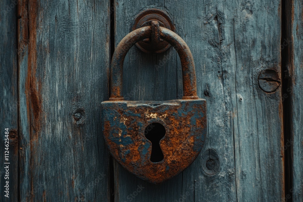 Rusty metal lock hanging on weathered wood standard vintage setting outdoor photography textured surface close-up perspective capturing timeworn beauty Rusty metal lock hanging on weathered wood standard vintage setting outdoor photography textured surface close-up perspective capturing timeworn beauty