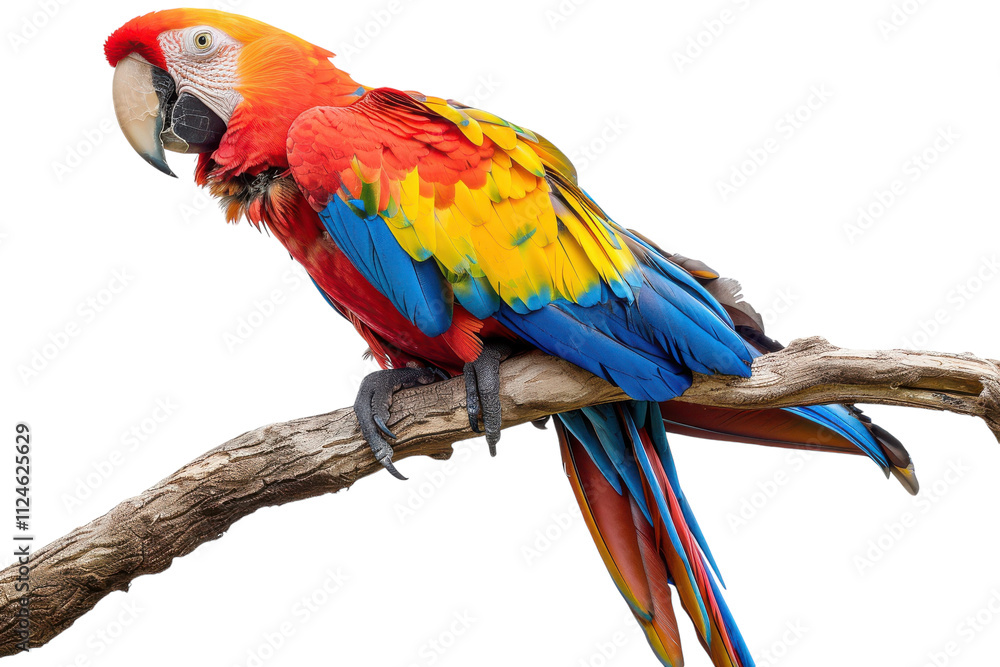 Obraz premium Stunning Hyperrealistic Scarlet Macaw Perched on an Invisible Branch Overlooking a Vibrant Jungle Scene