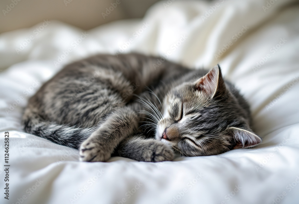 Naklejka premium A gray cat lying on a white bed, curled up and resting peacefully