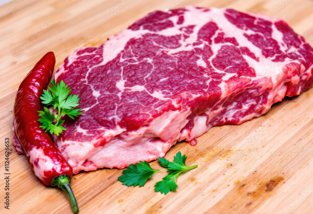 A raw slab of red meat, likely beef, with a red chili pepper and some herbs on a wooden cutting board A raw slab of red meat, likely beef, with a red chili pepper and some herbs on a wooden cutting board