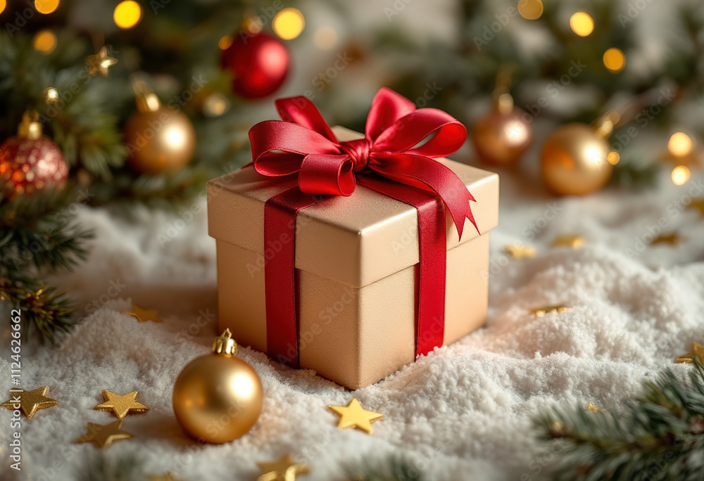 A red ribbon bow on a gift box with gold stars and ornaments around it A red ribbon bow on a gift box with gold stars and ornaments around it