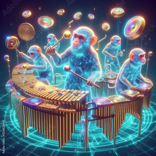 167 Monkey Band Playing Chimes and Cymbals A group of holographi photo