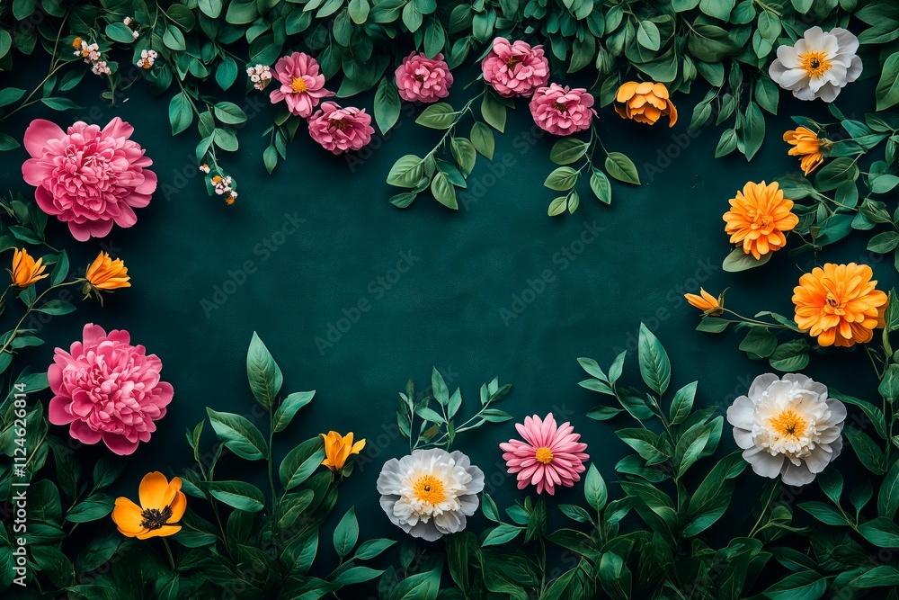 Green backdrop with vibrant flowers with copy space with copy space for text, Valentine's Day card background, Mother's Day gift card Green backdrop with vibrant flowers with copy space with copy space for text, Valentine's Day card background, Mother's Day gift card